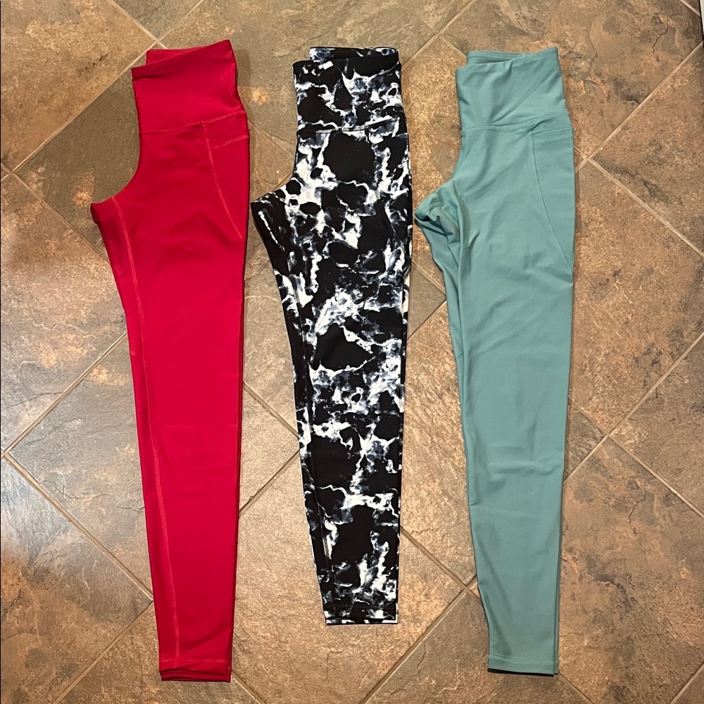 Set of Three Old Navy High-Waisted Leggings: Red, Black Marble, Light Blue-Green